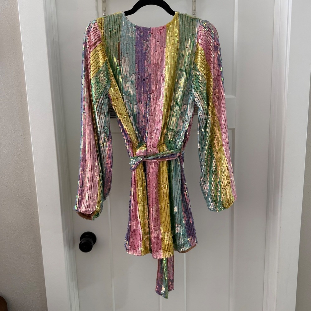 Show Me Your Mumu Wear Me Out Rainbow Sequin Stripe Mini Dress S Belted Disco - Picture 2 of 12